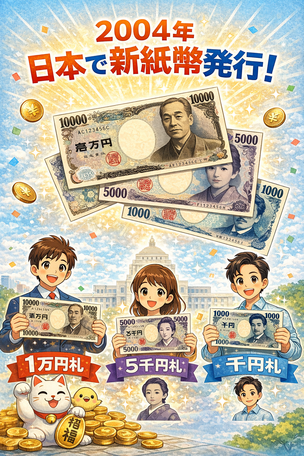 日本で新紙幣発行（1万円札が福澤諭吉、5千円札が樋口一葉、千円札が野口英世）